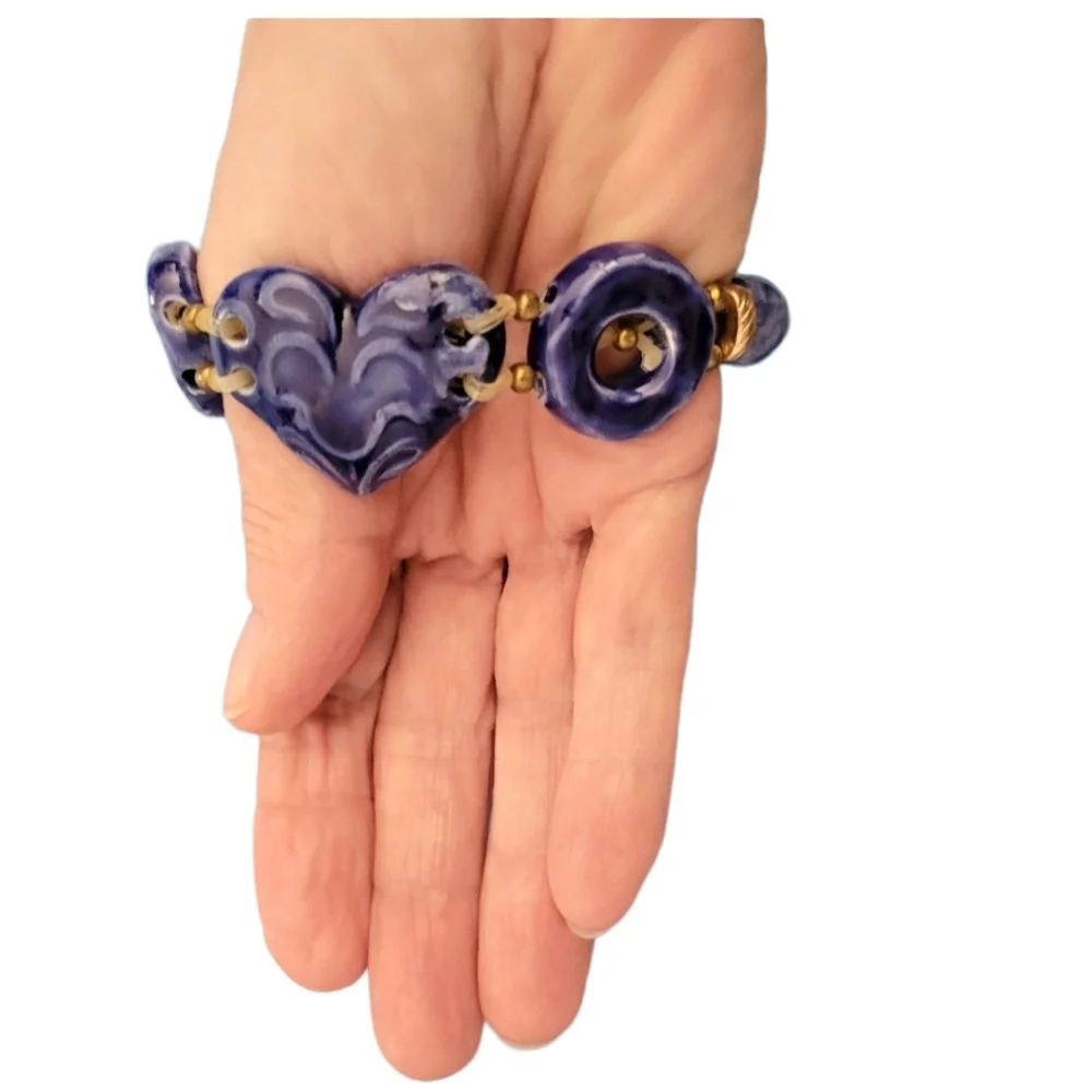 Hand Crafted Blue Ceramic And Gold Bead Heart Bracelet For Small Hands/Wrists
